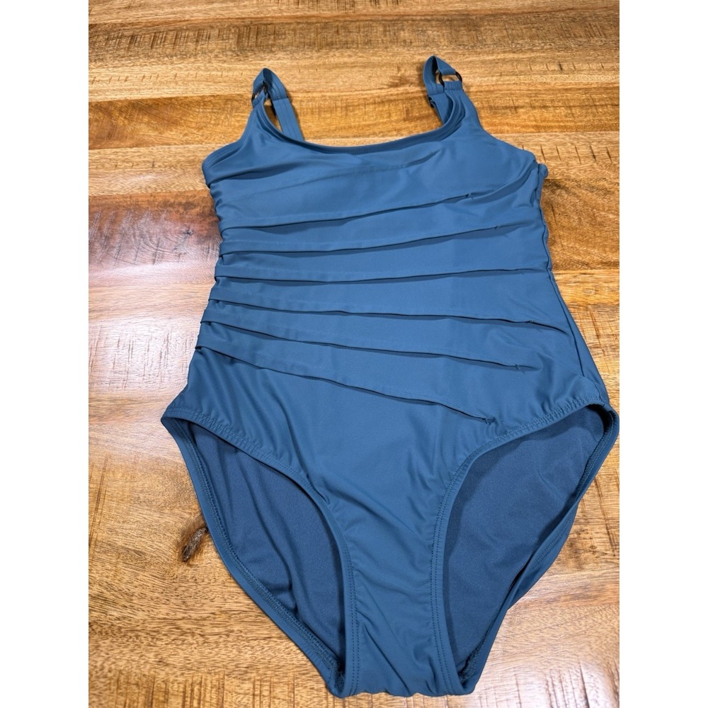 DKNY One Piece‎ Swimsuit Womens Medium Blue Ruched Tummy Control Adjustable